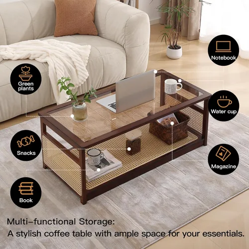 Miniatura 6 de Welnow Mesas de centro de ratán para sala de estar, moderna mesa de centro de 2 niveles, mesa de centro rectangular de mediados de siglo con estante