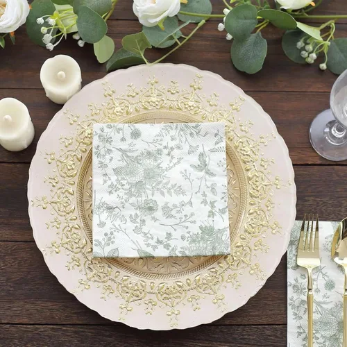 Miniatura 6 de Efavormart - Paquete de 20 servilletas de papel con estampado floral blanco y verde salvia, altamente absorbentes, suaves, de 2 capas, desechables