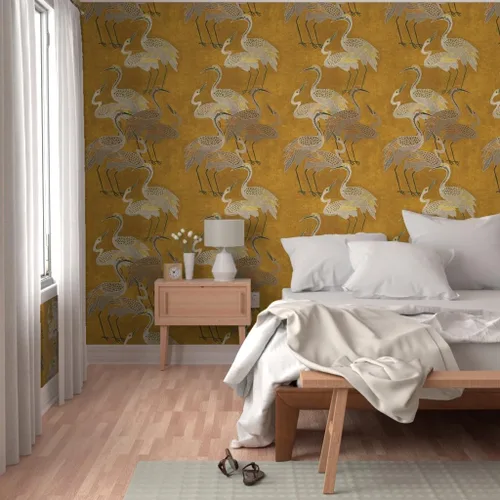 Miniatura 5 de Spoonflower Papel tapiz para despegar y pegar - Grúas Art Deco Golden Birds Gold Oriental Texture Silver Papel pintado extraíble personalizado