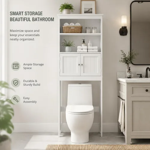 Miniatura 3 de Estantes de baño sobre el inodoro con 2 puertas de madera sobre el inodoro, organizador de baño independiente sobre el inodoro, color blanco