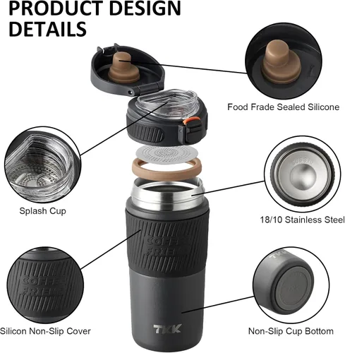 Miniatura 3 de TKK Taza de café de viaje de 15 onzas, taza de café aislada de acero inoxidable con tapa abatible, taza de viaje a prueba de fugas para café, té
