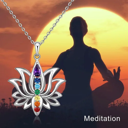 Miniatura 5 de Jewlikee Collar de 7 chakras colgante de loto plata de ley para yoga chakras piedra curativa collares para mujer equilibrio energético Plata