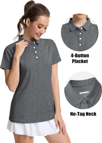 Miniatura 3 de MAGCOMSEN Camisas polo de manga corta para mujer, de secado rápido, camisetas de golf con cuello para trabajo, casual, 4 botones