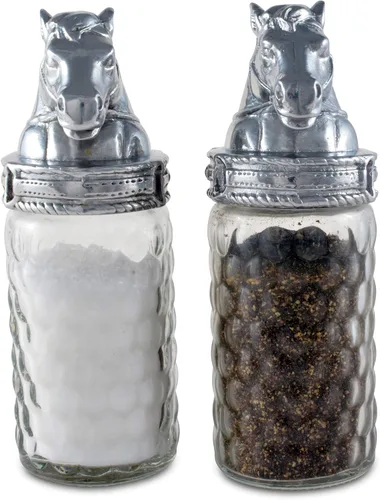 Miniatura 2 de Arthur Court Patrón de caballo S/P con aluminio con tapa ecuestre pulida a mano de calidad artesanal para sal y pimienta de vidrio grande, 6