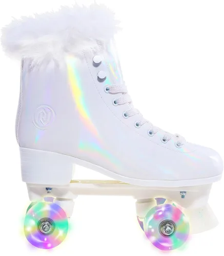 Miniatura 7 de JajaHoho Patines de ruedas para mujer, piel sintética blanca holográfica de alta calidad, patines de doble fila con cuatro ruedas brillantes