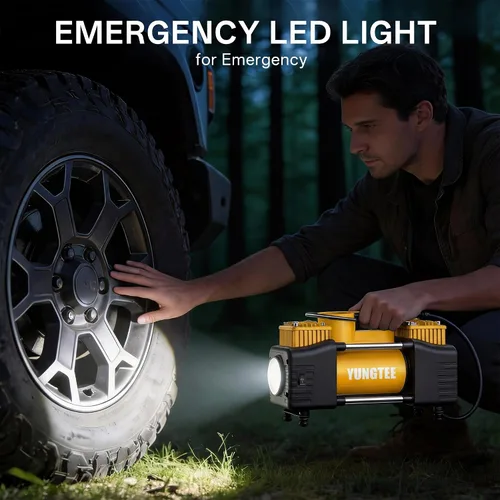 Miniatura 7 de YUNGTEE Inflador de neumáticos amarillo, bomba de inflado de doble cilindro resistente, bomba de inflado de accionamiento directo, bomba