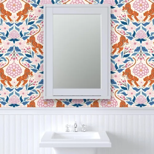 Miniatura 9 de Papel tapiz autoadhesivo para despegar y pegar, Maximalist Tropical Jungle Damasco, exótico, botánico, floral, tigre, rosa, azul, papel tapiz