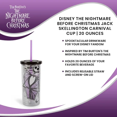 Miniatura 6 de Nightmare Before Christmas - Vaso de acrílico para carnaval de Disney The Jack Skellington de 20 onzas con popote reutilizable y tapa a prueba