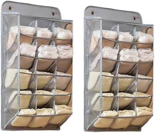 Miniatura 4 de Paquete de 2 organizadores colgantes duraderos para ropa interior/calcetines con 15 bolsillos de malla, bolsillo de almacenamiento que ahorra