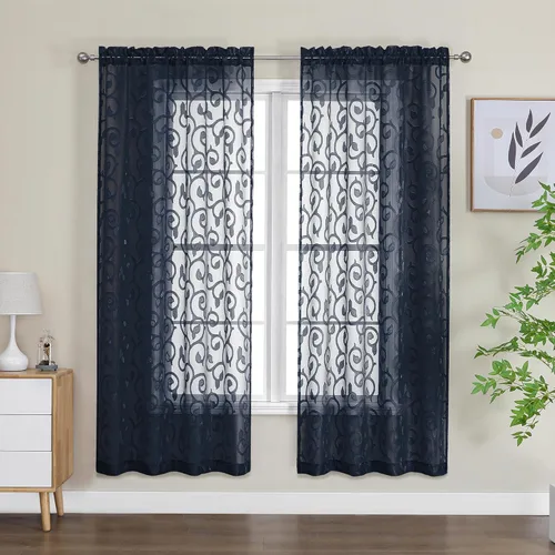 Miniatura 81 de OWENIE Furman - Juego de 2 paneles de cortinas traslúcidas negras de 24 pulgadas de largo, cortinas semitransparentes de jacquard ligeras y aireadas