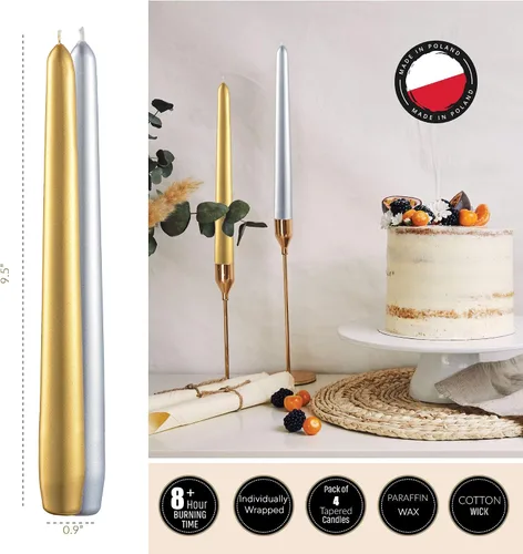 Miniatura 3 de Paquete de 4 velas cónicas de oro, velas doradas de 9 pulgadas de alto para Navidad, 8 horas de duración para decoración del hogar, boda, vacaciones