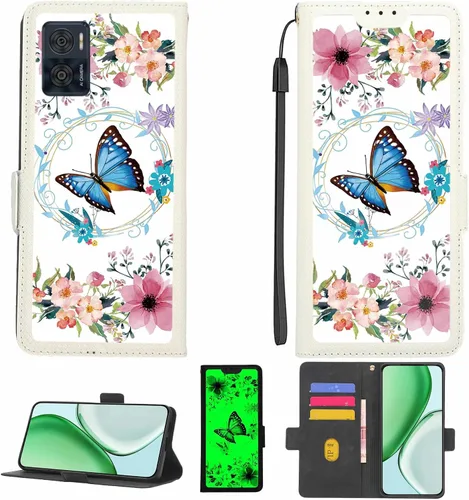 Funda compatible con Moto E22 Phone Case Flip Cover [con protector de pantalla de vidrio templado] [bloqueo RFID] [efecto luminoso] LPT-LHD