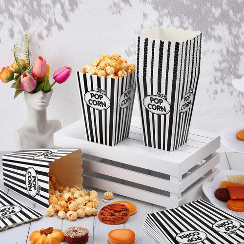 Miniatura 7 de Xinnun 100 paquetes de cajas de palomitas clásicas con rayas en negro y blanco, cubos de papel para palomitas desechables a prueba de aceite