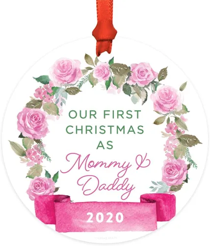 Miniatura 27 de Andaz Press Adorno de Navidad de madera grabado con láser para aniversario de boda, 1 año juntos, Navidad 2025, pancarta de flores rosas, 1 paquete