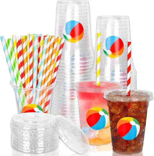 Miniatura 51 de Whaline 50 piezas de tazas de plástico desechables lindas con tapa y pajita de margarita de 12 oz, tazas de bebidas frías para suministros