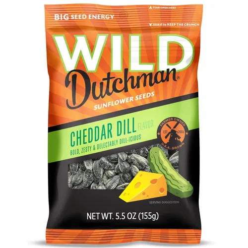 Wild Dutchman Semillas de girasol tostadas en una bolsa resellable para una frescura definitiva y un aperitivo fácil de verter, eneldo cheddar, 5.5