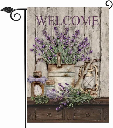 Miniatura 9 de Hzppyz Bandera de bienvenida para jardín de colibrí de primavera de doble cara, flor morada, pájaro amarillo, mariposa, decorativa, casa, patio