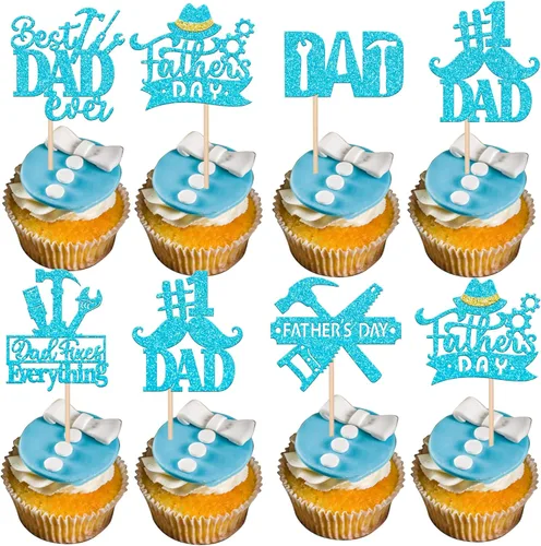 Miniatura 10 de Paquete de 24 adornos para cupcakes con purpurina para el Día del Padre, con purpurina para el mejor papá del mundo, sombrero de bigote #1