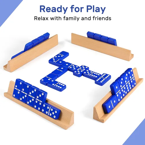 Miniatura 2 de Juego de dominós jumbo para adultos con 4 estantes/bandejas de madera, juego de dominós doble 6 de viaje con estuche portátil, juego de dominós Azul