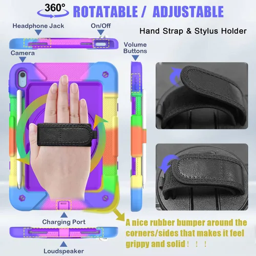 Miniatura 2 de Funda para iPad de 10.9 pulgadas 2022, duradera, ligera, a prueba de golpes, con soporte para lápices, soporte giratorio de 360º, correa