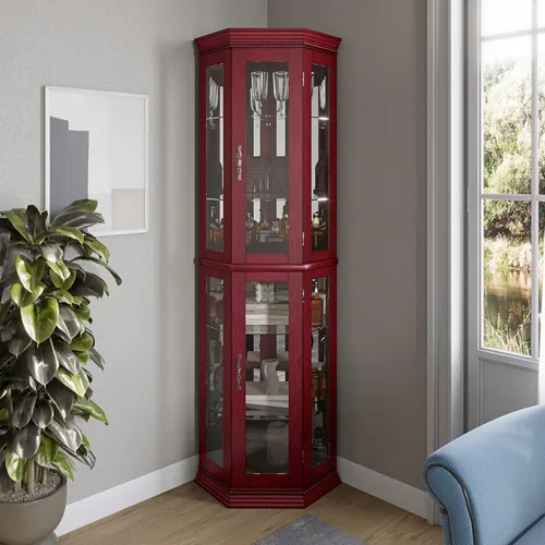 Miniatura 8 de BELLEZE Vitrina Curio con iluminación de 3 lados, puerta de vidrio templado y estantes, gabinete de esquina de madera con bombilla, estante Roble