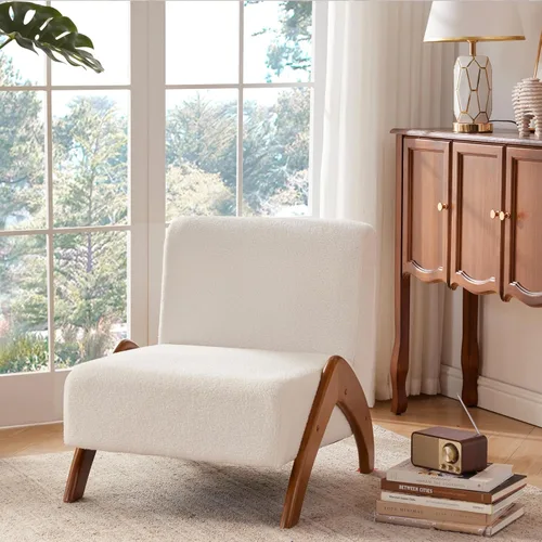 Miniatura 5 de Silla decorativa de gran tamaño, tapizada sin brazos de mediados de siglo, moderna silla de sala de estar con patas de madera para dormitorio, Crema