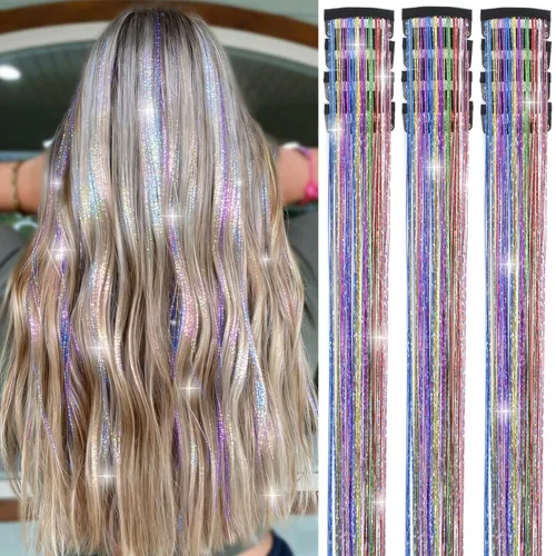 Paquete de 12 extensiones de cabello de oropel con clip, 24 pulgadas, accesorios para el cabello de hada brillante para niñas y mujeres, fiesta de