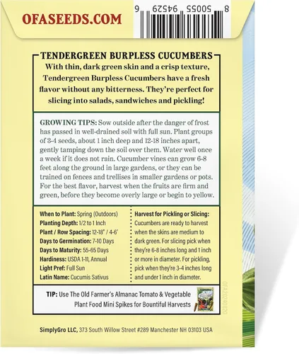 Miniatura 4 de The Old Farmer's Almanac Heirloom Tendergreen - Semillas de pepino sin eructos – Premium sin OMG, polinizado abierto, reliquia, origen