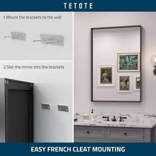Miniatura 3 de TETOTE Espejo de baño con marco negro de 48 x 24 pulgadas, espejo rectangular grande de baño negro mate para pared, marco de metal, espejo