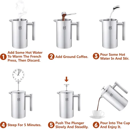Miniatura 5 de Cafetera de Prensa Francesa – Porción Individual 1 Taza, Pequeña de Acero Inoxidable Térmico de Doble Pared, Prensa Francesa 350ML/12OZ