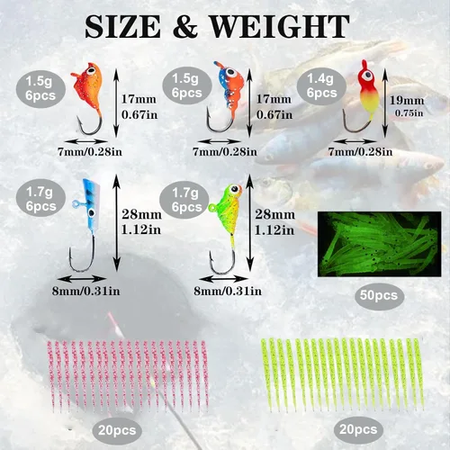 Miniatura 4 de Generic 122 piezas de carrete de caña de pescar en hielo, kit de caña de pescar de hielo de luz media de 24 pulgadas con plantillas de pesca