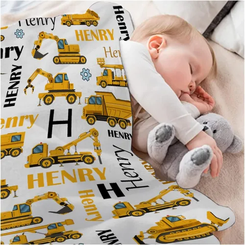 Miniatura 5 de Manta de Bebé Personalizada con Camiones de Construcción Personalizados Camión Volquete Mantas con Nombre para Niños y Niñas Manta Suave de Arrullo