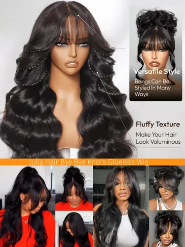 Miniatura 3 de Julia Hair Peluca con flequillo para cortina, sin pegamento, esponjosa, natural, suelta, precortada, 7 x 5 pulgadas, encaje HD para mujeres, 18