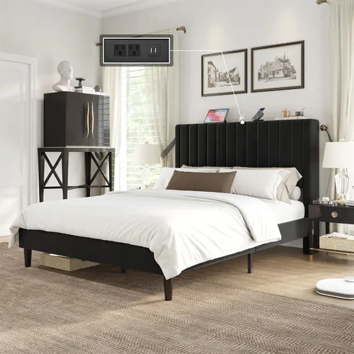 VanAcc Base de cama tamaño Queen, plataforma tapizada de terciopelo con cabecera capitoné de canal, base de colchón con listones de madera, no