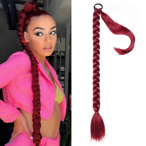 Miniatura 19 de Extensiones de cola de caballo trenzada de 20 pulgadas de largo para mujer, extensiones de cabello lacio envolvente con banda para el cabello, cola