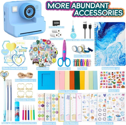 Miniatura 5 de Cámara de impresión instantánea para niños, cámara de video selfie de 1080P con kit de diario de bricolaje, más de 200 accesorios, regalos