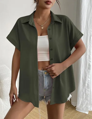 Miniatura 4 de Zeagoo Blusas de verano de manga corta para mujer, camisas casuales con botones, blusas de trabajo de negocios sólidas/a rayas