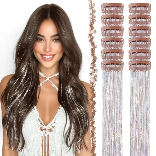 Miniatura 28 de FESHFEN Extensiones de cabello con clip de colores, 16 piezas de 8 colores resaltados, piezas de cabello sintético lacio con clip para mujer, 22