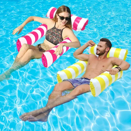 Paquete de 2 flotadores inflables para piscina 4 en 1 con hamaca de piscina con malla en la parte inferior, hamaca inflable de 3 tubos para adultos,