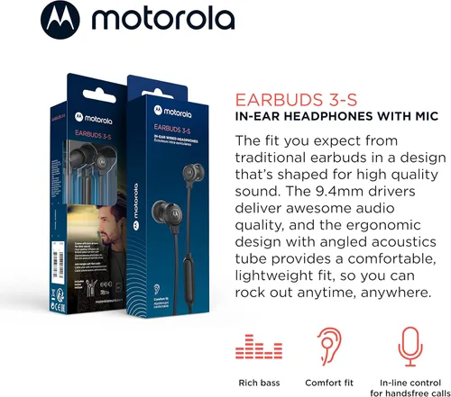 Miniatura 3 de Motorola Earbuds 3-S - Auriculares con cable con micrófono, auriculares intrauditivos con cable, cómodos auriculares de silicona ligeros, cable Negro