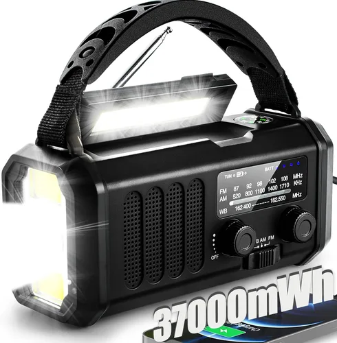 Miniatura 8 de QAUYYW Radio de emergencia con manivela, radio NOAA AM FM meteorológica portátil con manivela de 37000 mAh solar, con linterna de 3 modos y luz