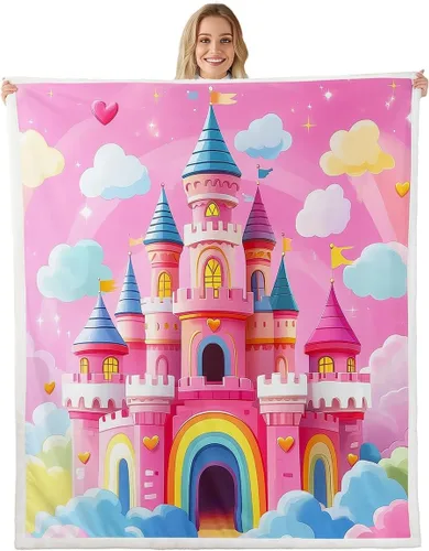 Miniatura 22 de Princess Flannel Blanket All Seasons,Rainbow Cloud Stars Butterfly Bed Blanket for Kawaii Home Decor,Dreamy Fairy Tale Castle Blanket for Kids Girls