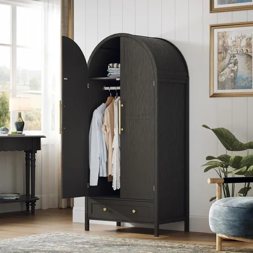 Miniatura 3 de VINGLI Armario con puertas y cajones, Armario de ratán con barra para colgar, Armario de ratán con estantes y puertas, Armario de madera para colgar