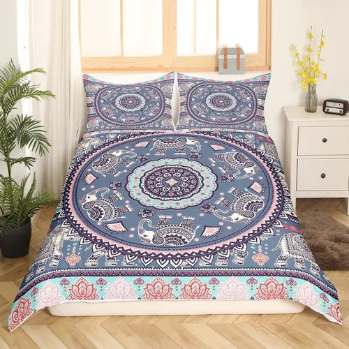 Miniatura 3 de Juego de funda de edredón de elefante bohemio para niños, tamaño individual, juego de ropa de cama de mandala bohemio de 2 piezas para decoración