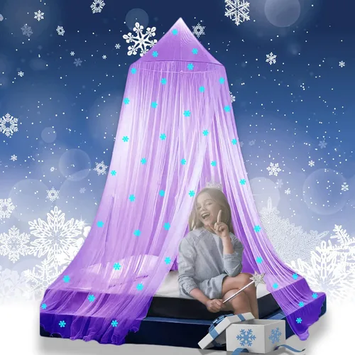 Miniatura 10 de Toldo de cama de princesa que brilla en la oscuridad, toldo de cama de copos de nieve de Navidad para decoración de habitación de niñas, tela