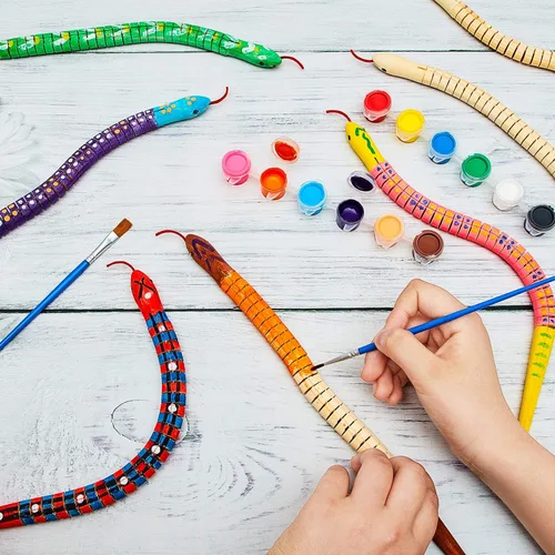 Miniatura 3 de BBTO Serpiente de madera sin terminar con 10 piezas de serpiente de madera flexible articulada con 12 colores acrílicos para manualidades