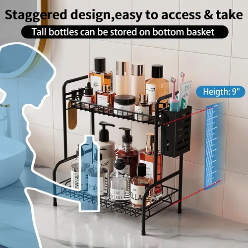 Miniatura 2 de Organizador de encimera de baño con cesta de artículos de tocador, estante de almacenamiento de encimera de baño de 2 niveles con almohadilla