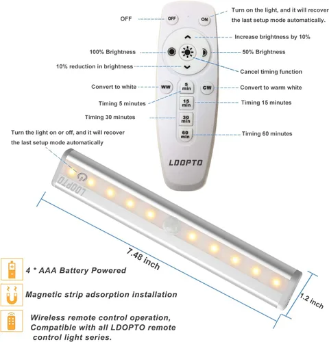 Miniatura 4 de LDOPTO - Juego de 2 luces para debajo del armario, luces LED con control remoto accionadas a pila, iluminación LED para debajo del armario