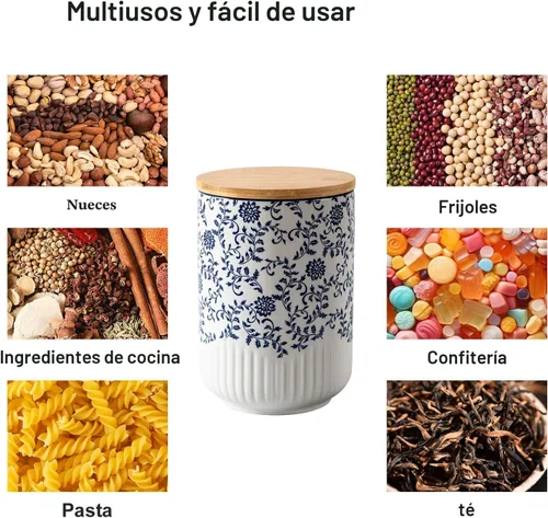 Miniatura 6 de Juego de recipientes para cocina - Recipientes de cerámica para encimera con tapas herméticas de madera - Recipientes para harina y azúcar