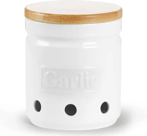Miniatura 7 de Conservador de ajo ONTUBE con tapa de madera, recipiente de almacenamiento de ajo de cerámica de 4.5 pulgadas, recipiente de ajo para cocina, Azul